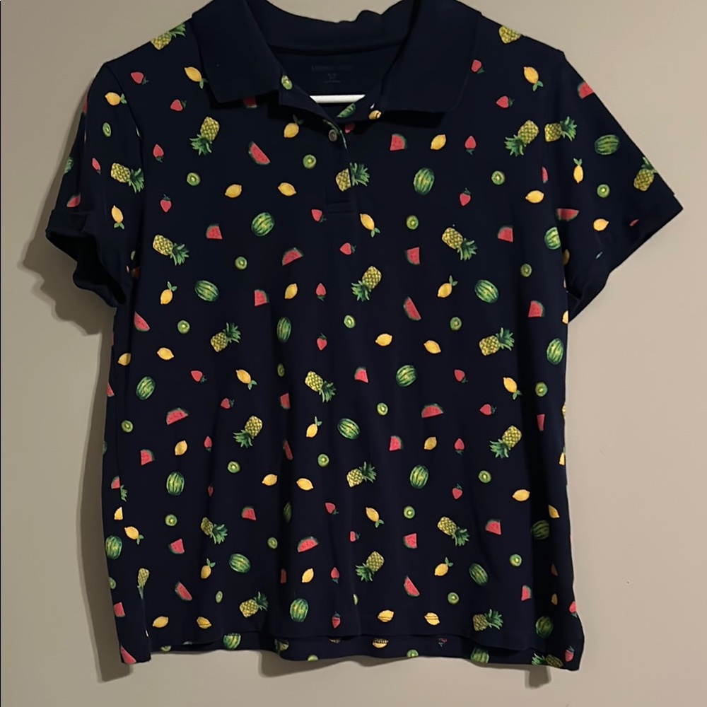 Lands' End Navy Blue Polo Shirt with Fruit Design - Medium Petite
